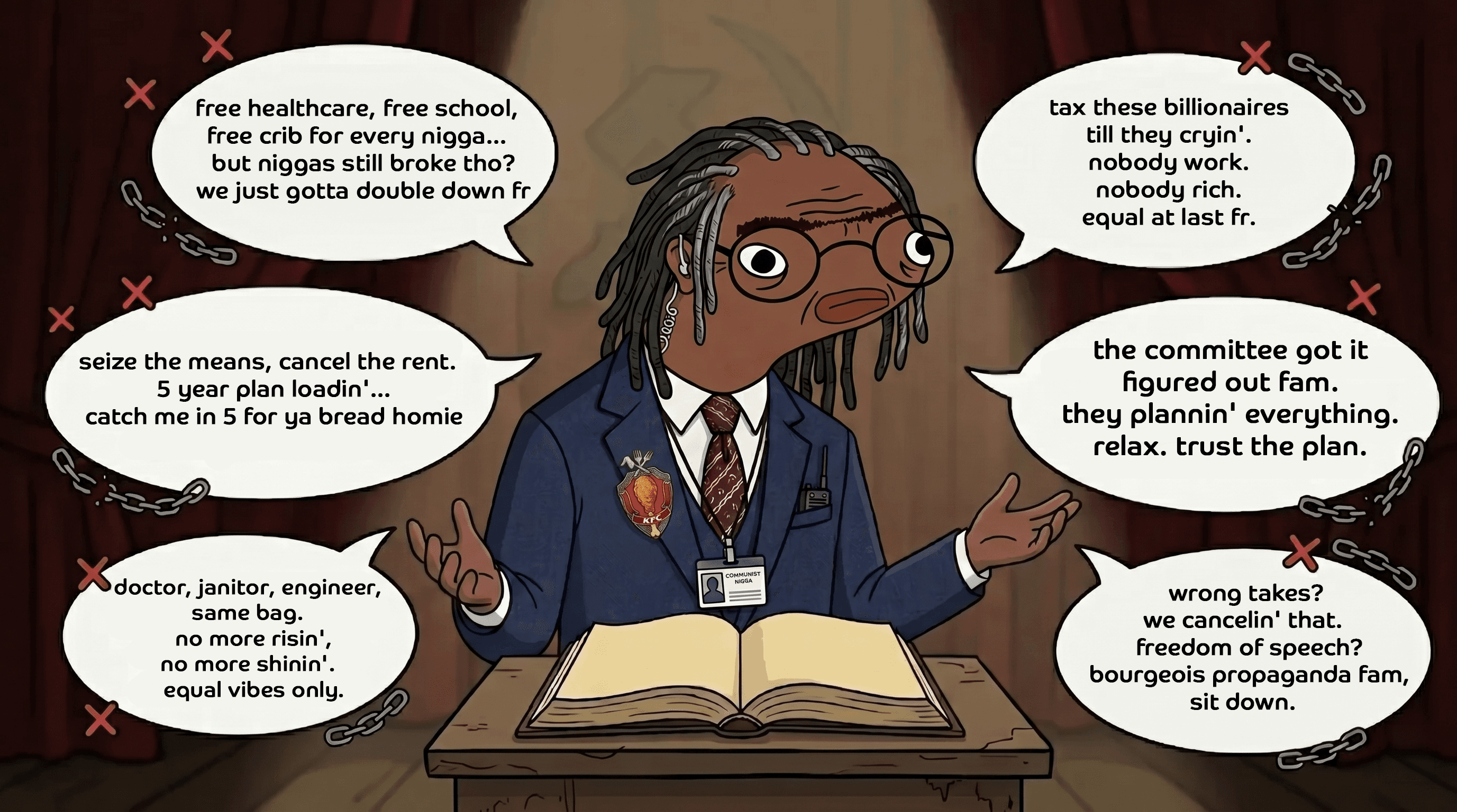 Barney at the podium with thought bubbles